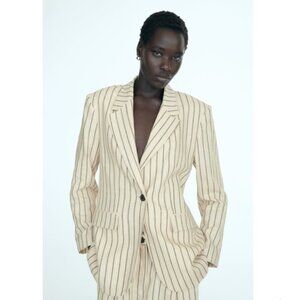 ZARA Women's Small Ecru/Black Striped Straight Cut One‎ Button Blazer